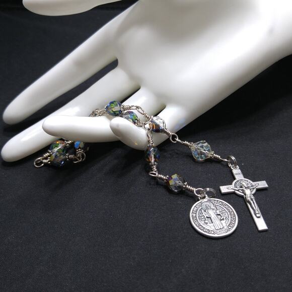 St. Benedict Silver AB Czech Bead Handmade One Decade Rosary - Picture 8 of 10